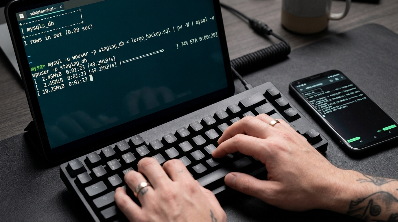Linux terminal running a MySQL database import command over SSH