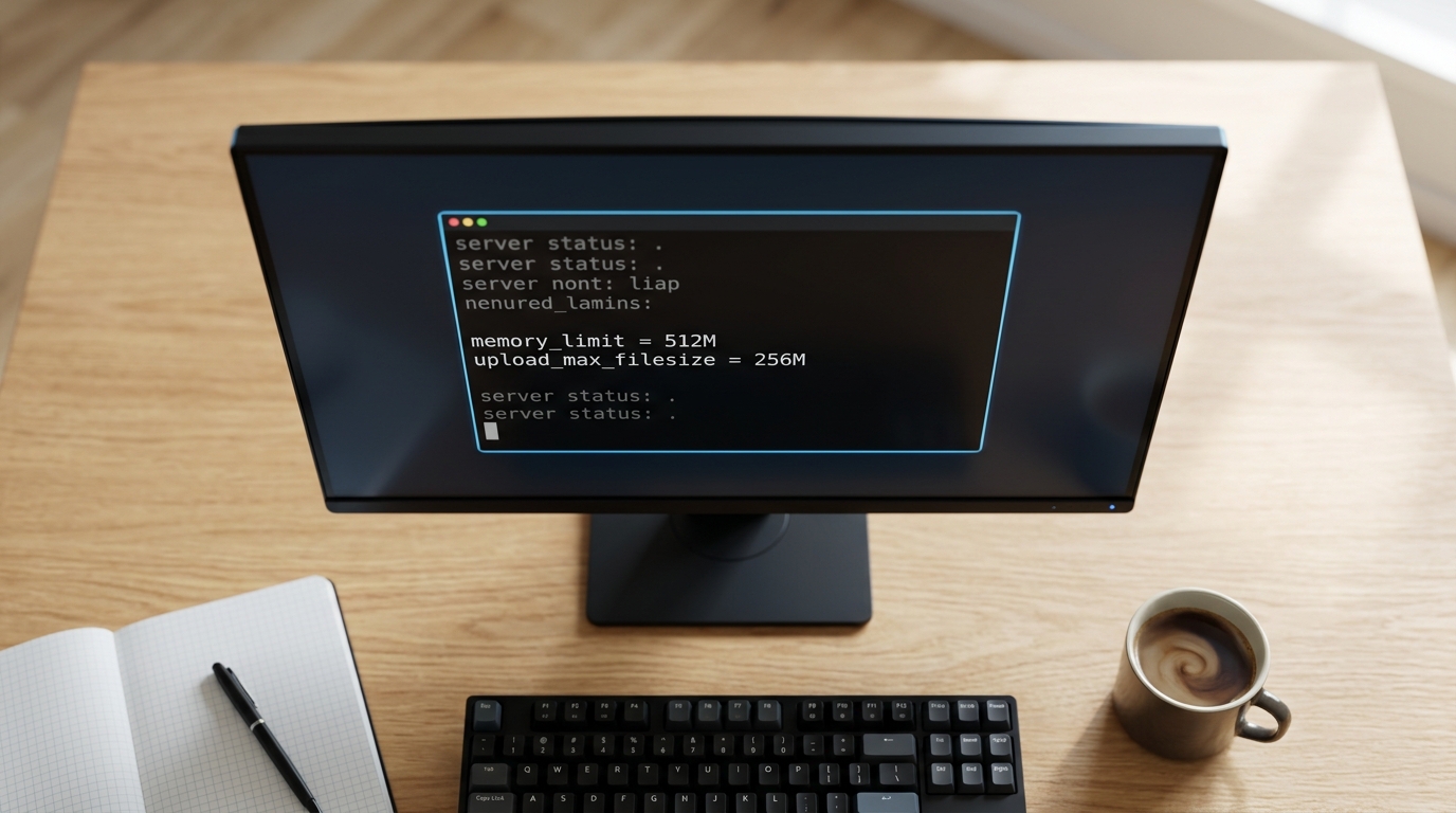 Close-up of a terminal screen showing PHP memory limit and upload size configurations on a server