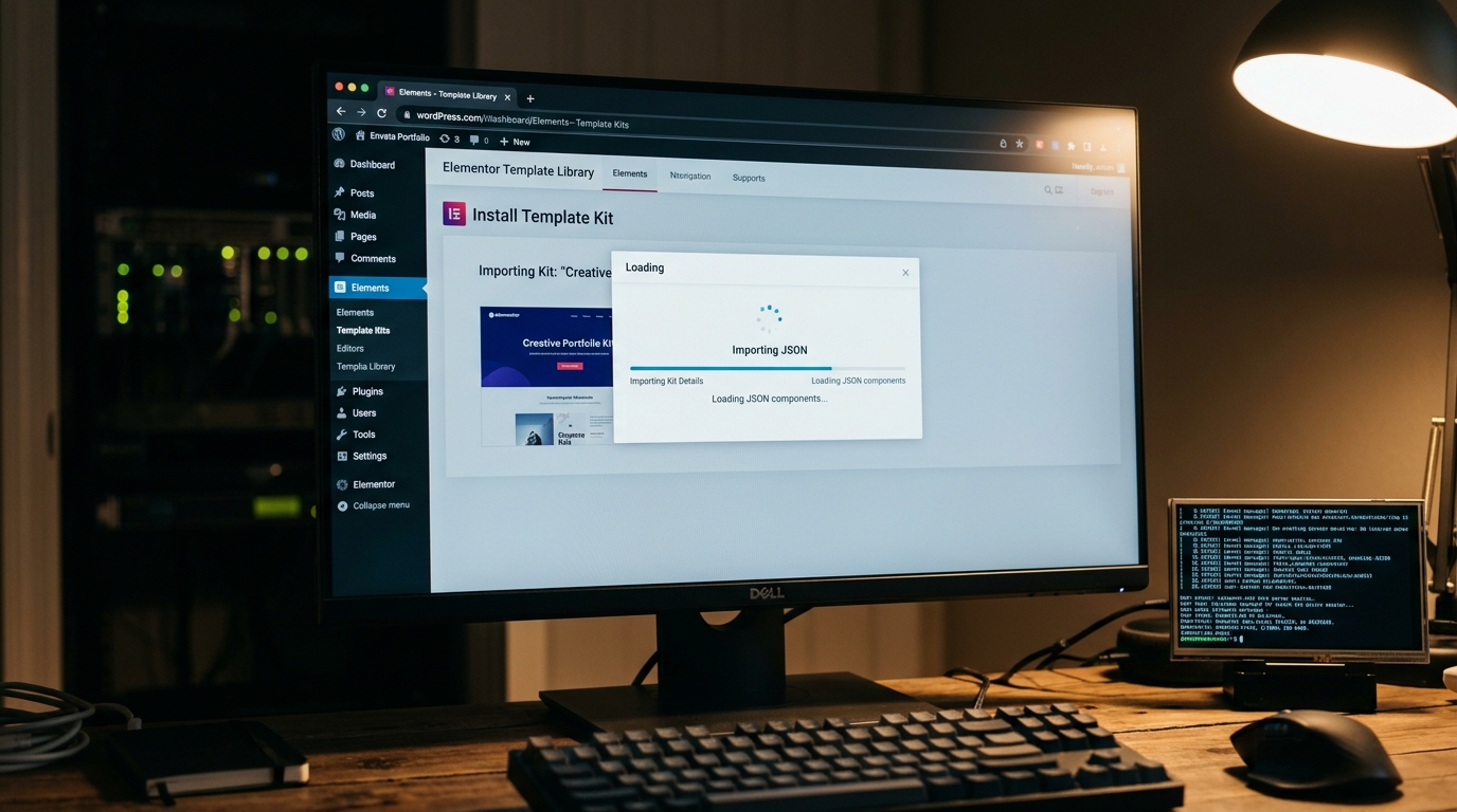 WordPress dashboard showing the Envato Elements template kit installation interface
