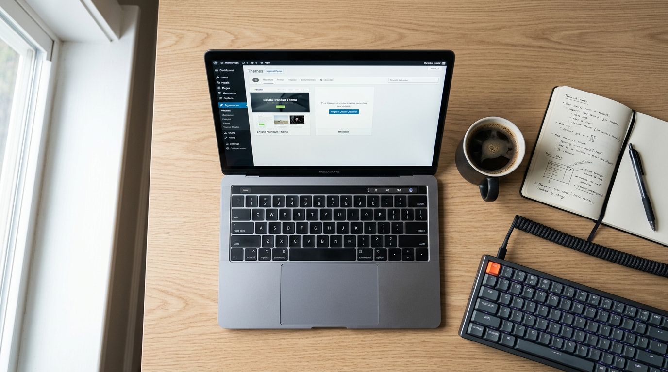 WordPress dashboard showing theme installation screen and PHP configuration code