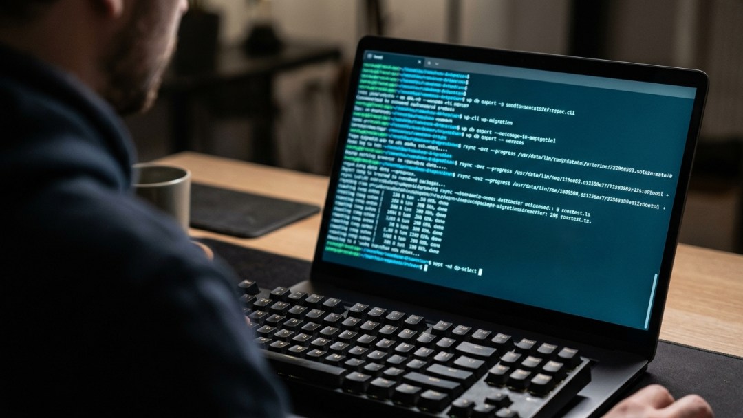 Close-up of a terminal screen showing WP-CLI and rsync WordPress migration commands running successfully