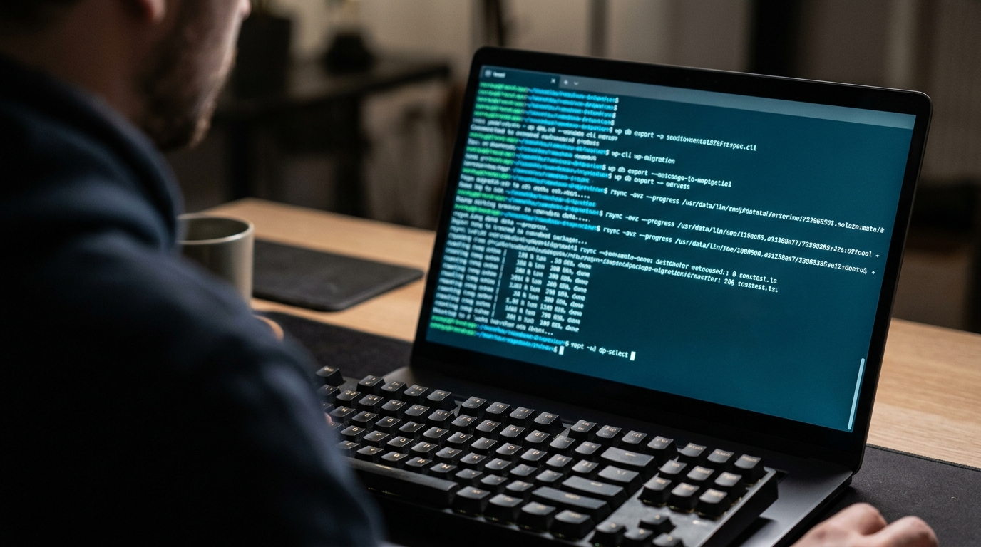 Close-up of a terminal screen showing WP-CLI and rsync WordPress migration commands running successfully