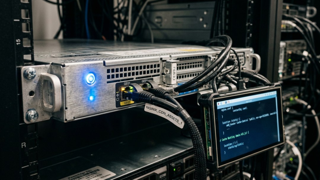 Close-up of server chassis and edge networking hardware in a data center