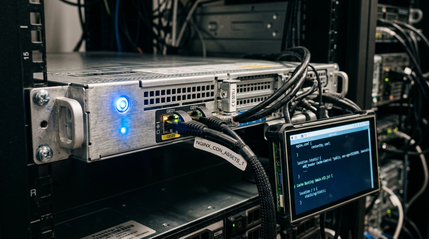 Close-up of server chassis and edge networking hardware in a data center