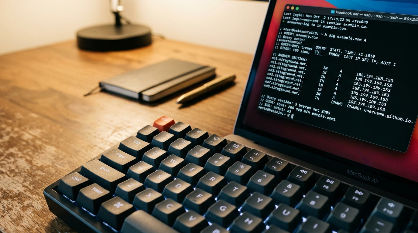 Terminal screen displaying dig DNS queries for GitHub Pages connected through a Namecheap domain