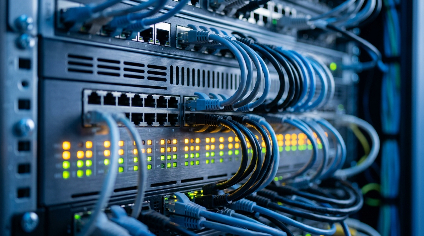 Server rack status indicators and network cables showing origin shield traffic handling