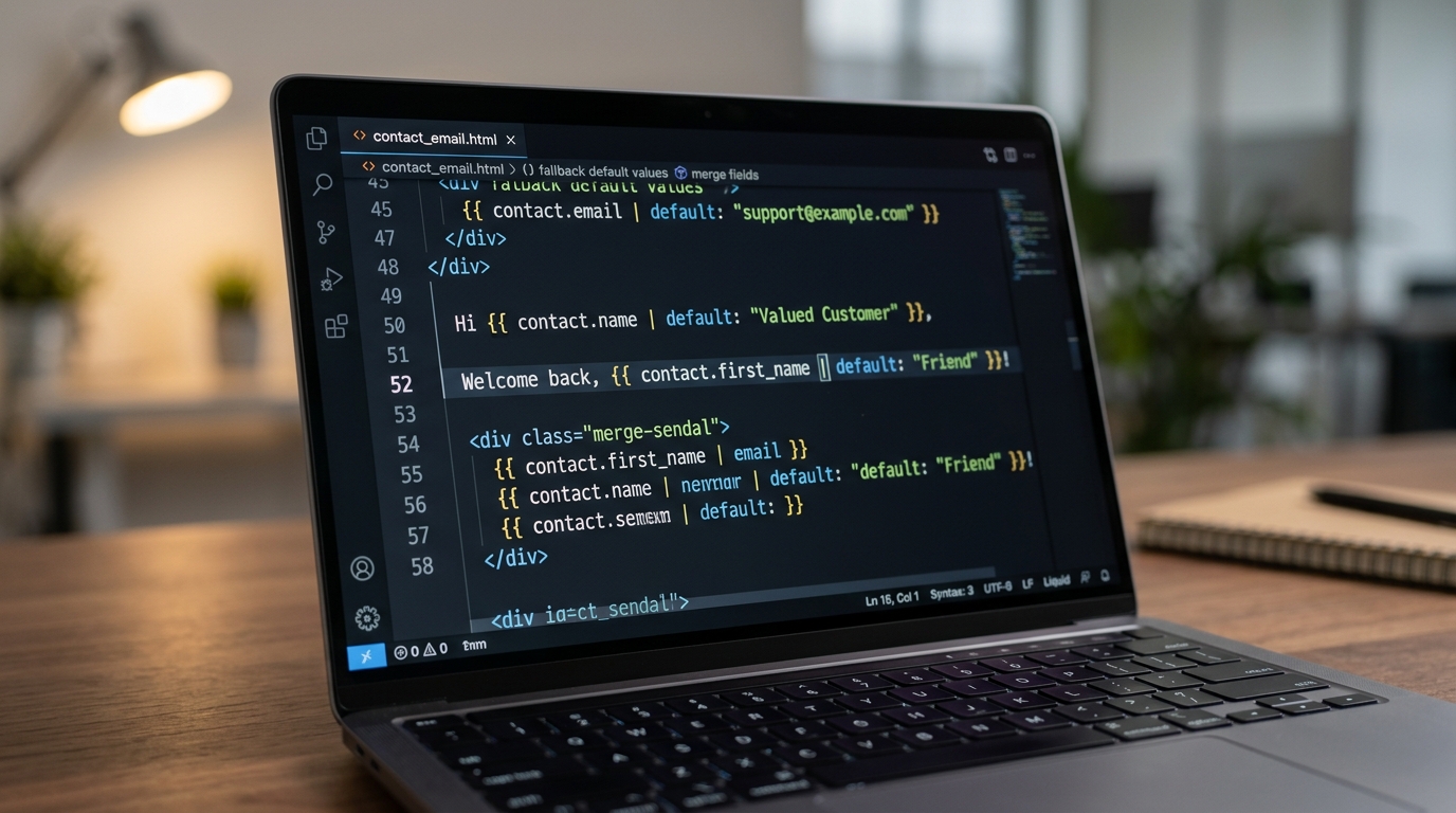 Close-up of a code editor showing Liquid default merge field syntax for GoHighLevel templates