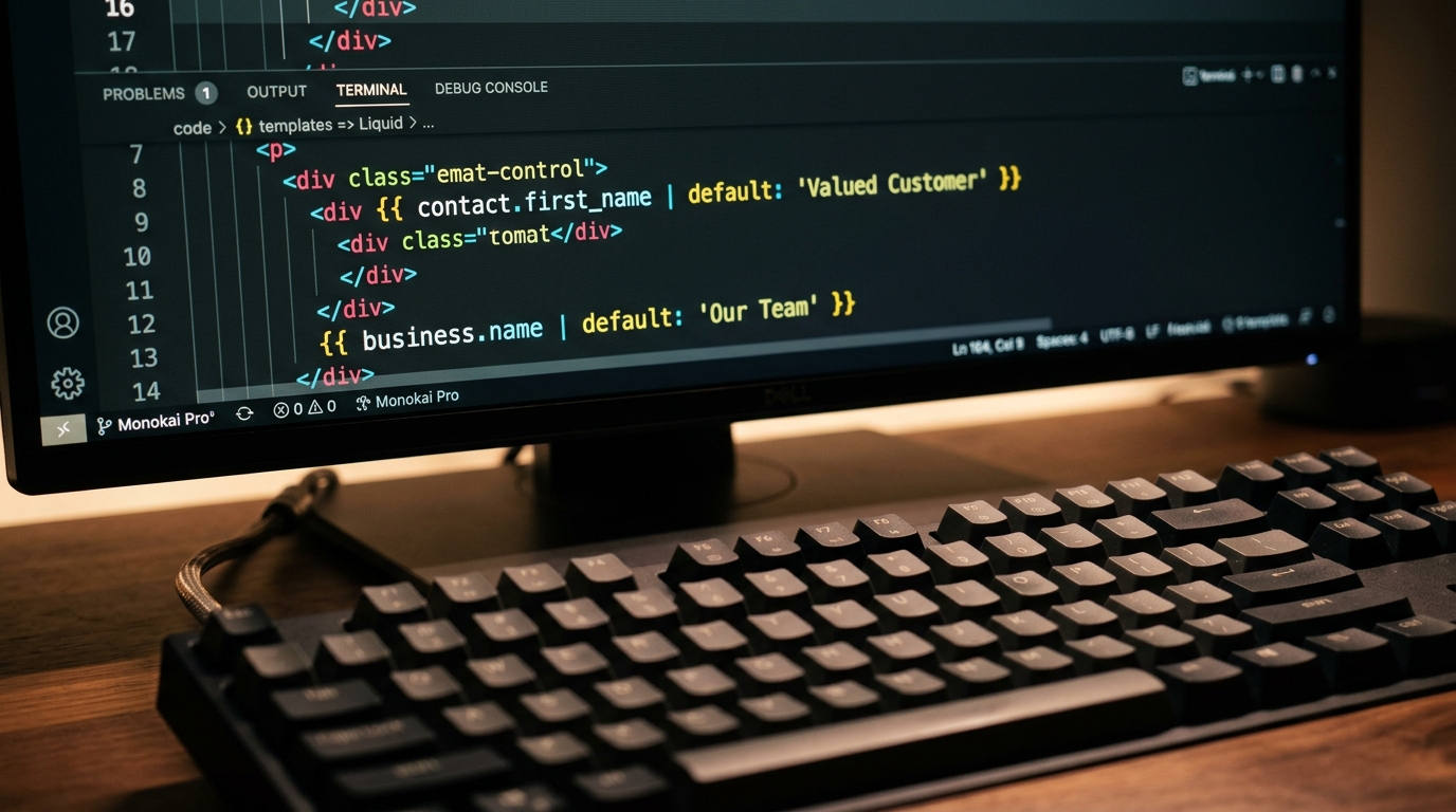 Close up code editor showing Liquid merge field fallback syntax in GoHighLevel email template