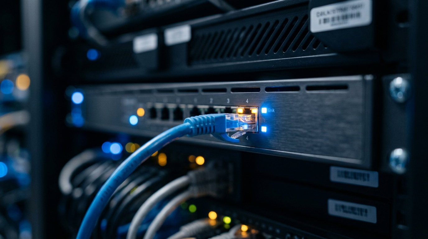 Close-up of a connected Ethernet cable on a network switch with active status lights