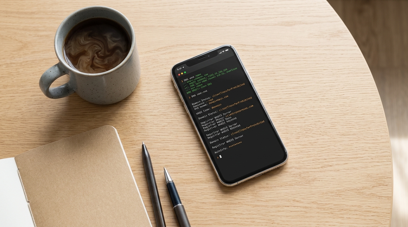 Close-up of a developer terminal showing DNS records and WHOIS lookup commands for a domain transfer