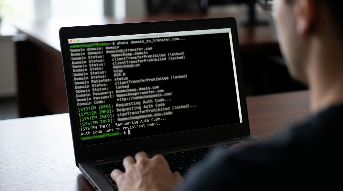 Close-up of a terminal screen displaying domain status and DNS records for a Namecheap domain transfer.