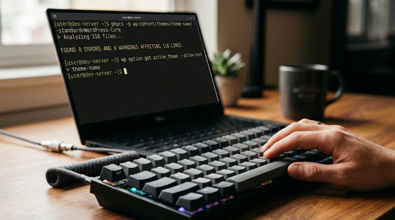 Close-up of a developer running terminal checks and code linting for a WordPress theme audit
