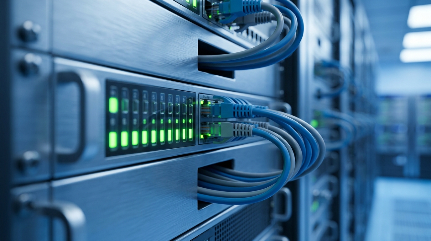 Server status rack in a datacenter with patch cables and network indicator lights