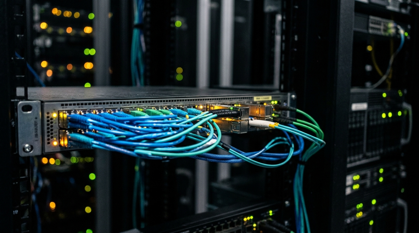 Close-up of fiber optic patch cables and network edge switch hardware representing CDN routing