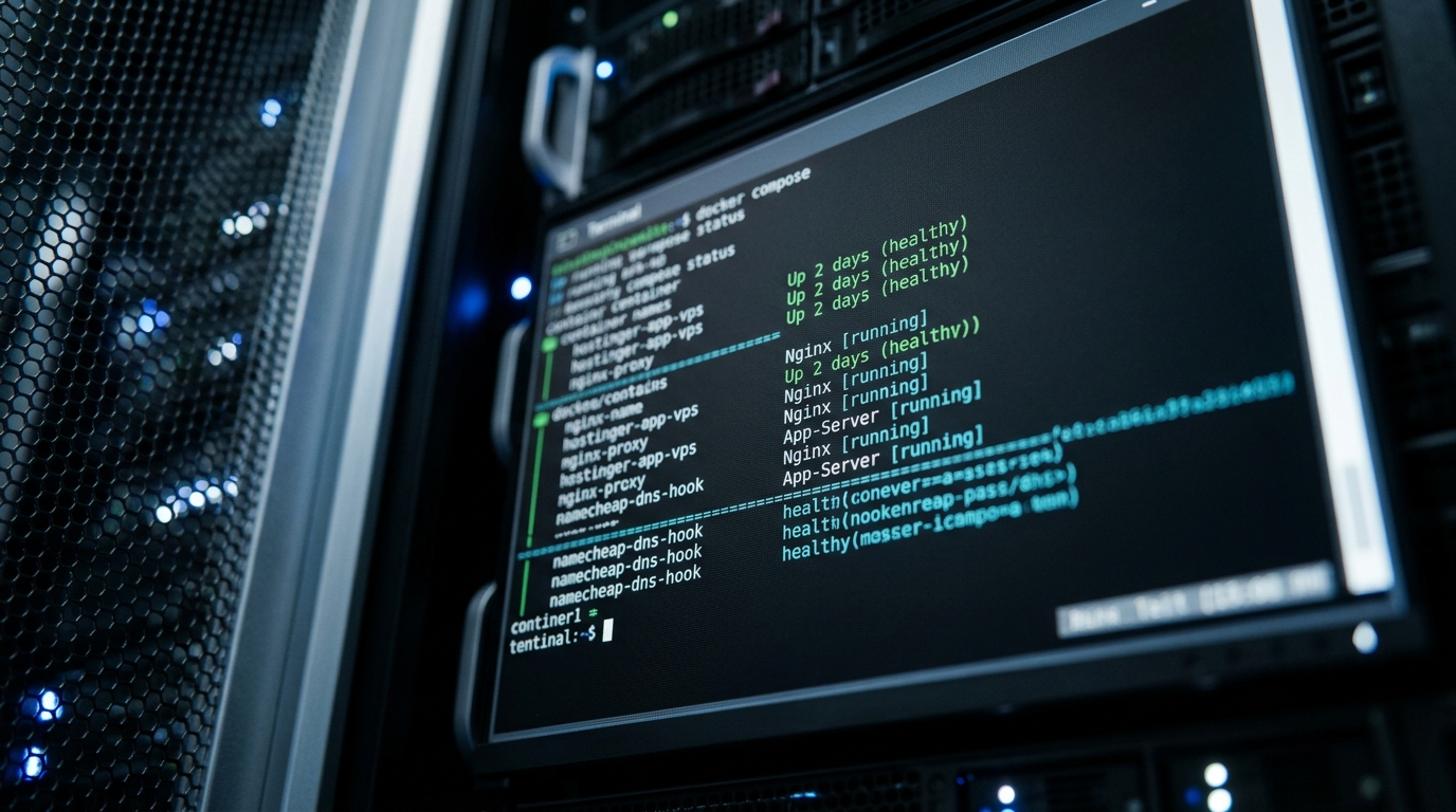 Terminal screen displaying Docker Compose containers running on a VPS instance