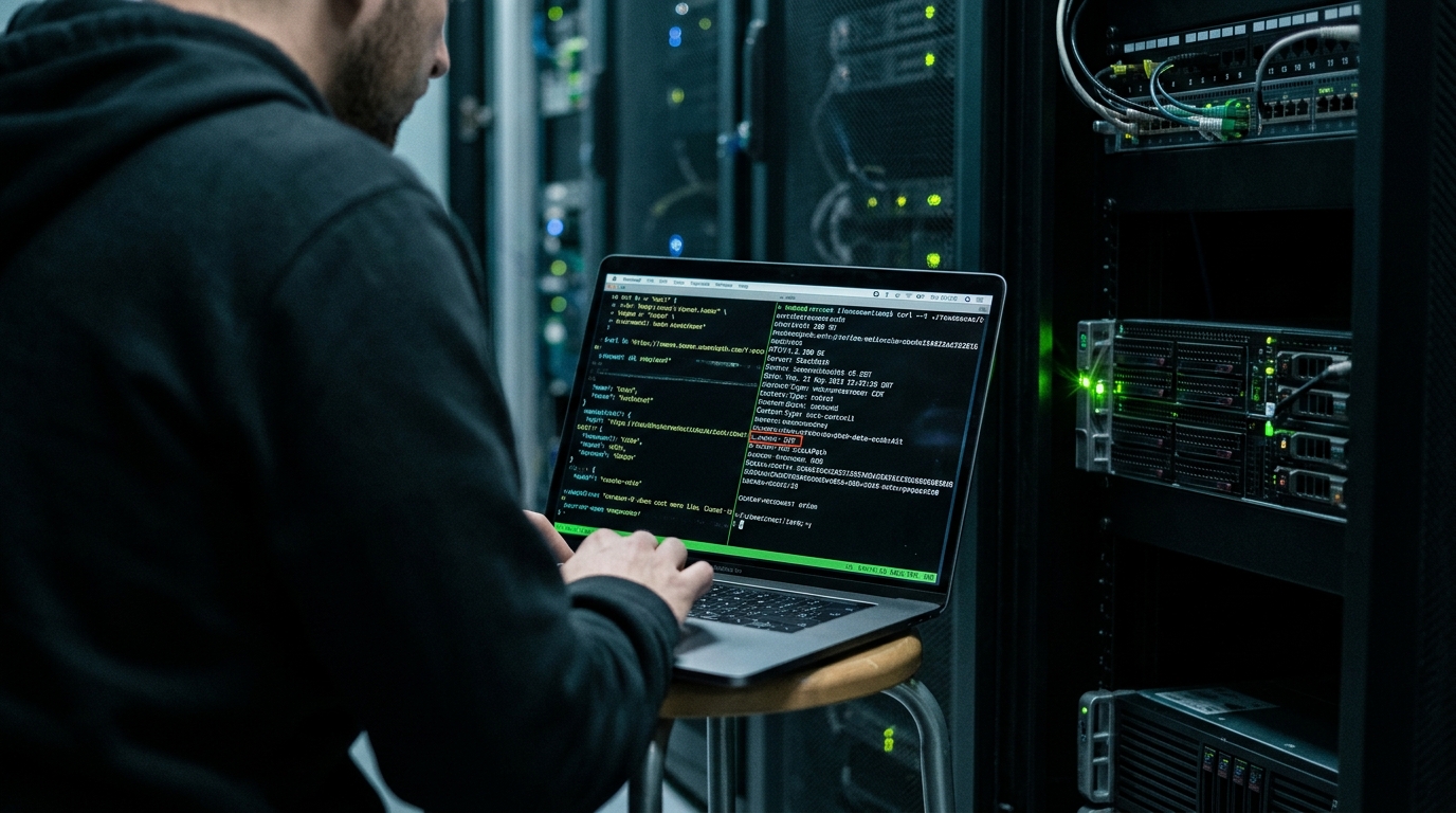 Close up view of terminal showing curl cache hit response headers with edge network server equipment in background