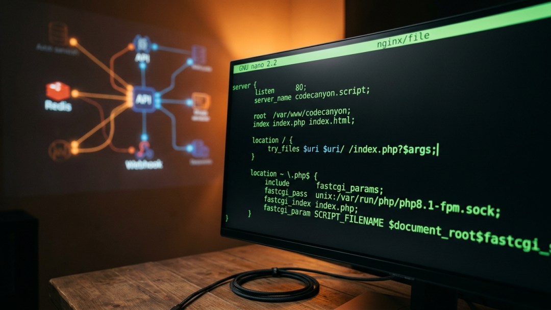 Linux terminal displaying Nginx try_files configuration and FastCGI settings for PHP