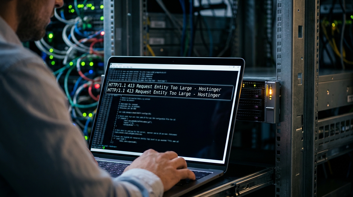 Terminal screen showing HTTP 413 Request Entity Too Large error debug logs next to server hardware