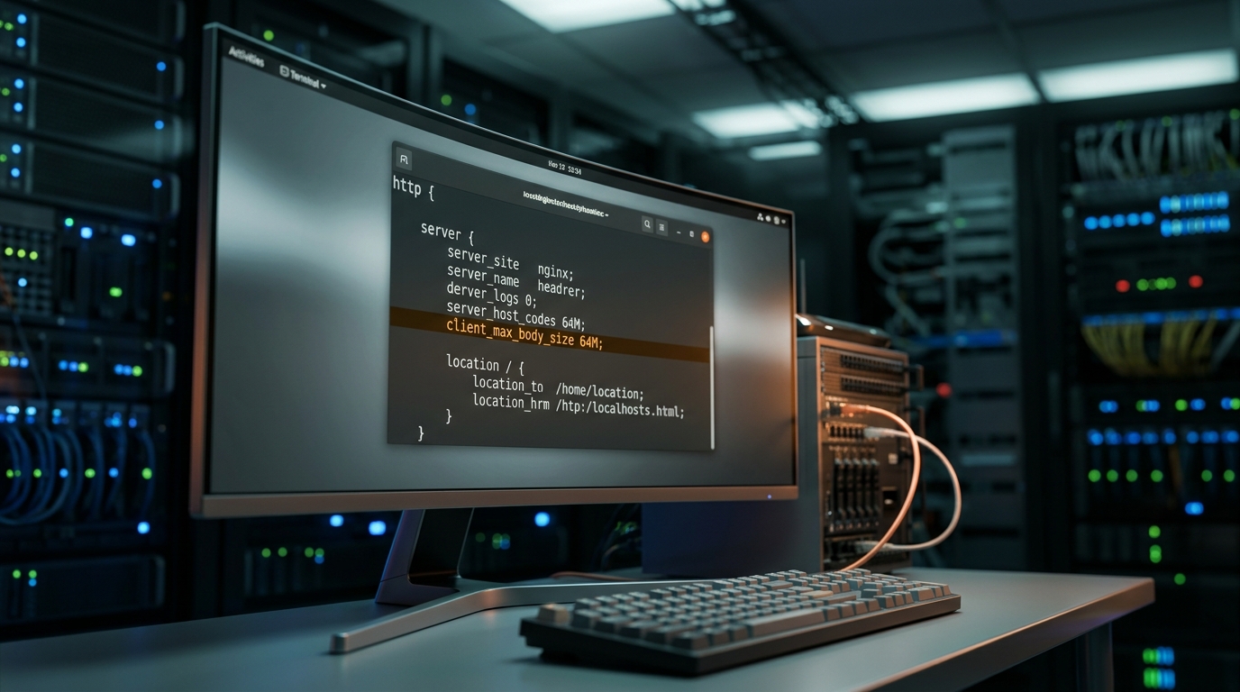 Linux terminal showing Nginx client_max_body_size configuration to resolve HTTP 413 error