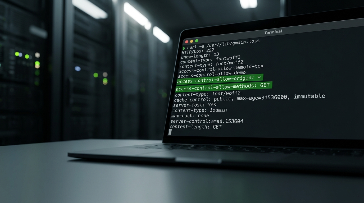 Terminal output displaying HTTP response headers with CORS and cache control rules for CDN font files
