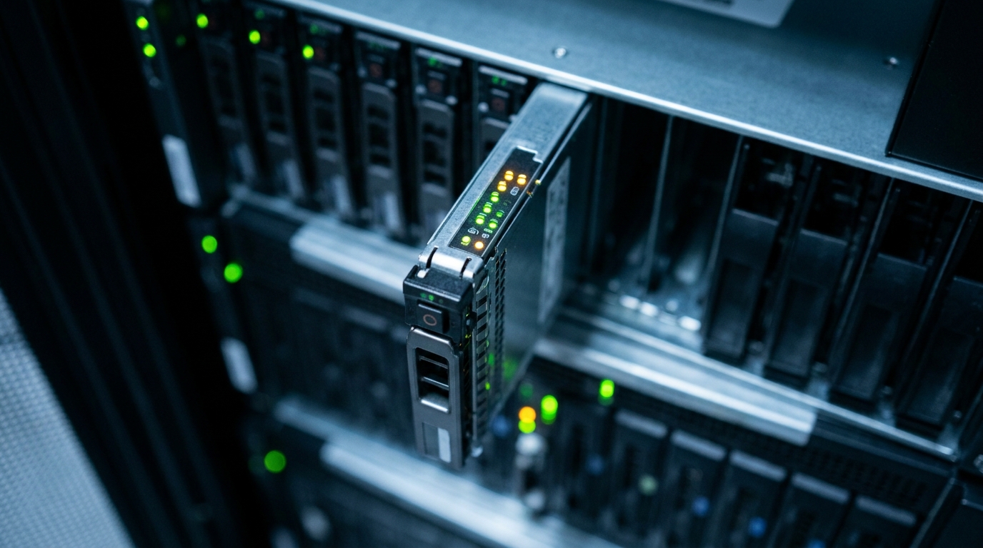 Close-up of a high-performance server blade handling WordPress and Elementor backend requests in a data center