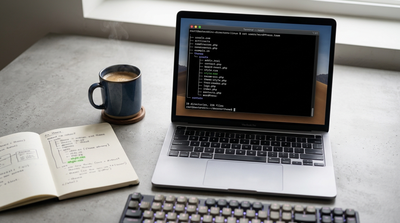 Terminal screen showing directory tree with style.css highlighted during a WordPress theme installation fix
