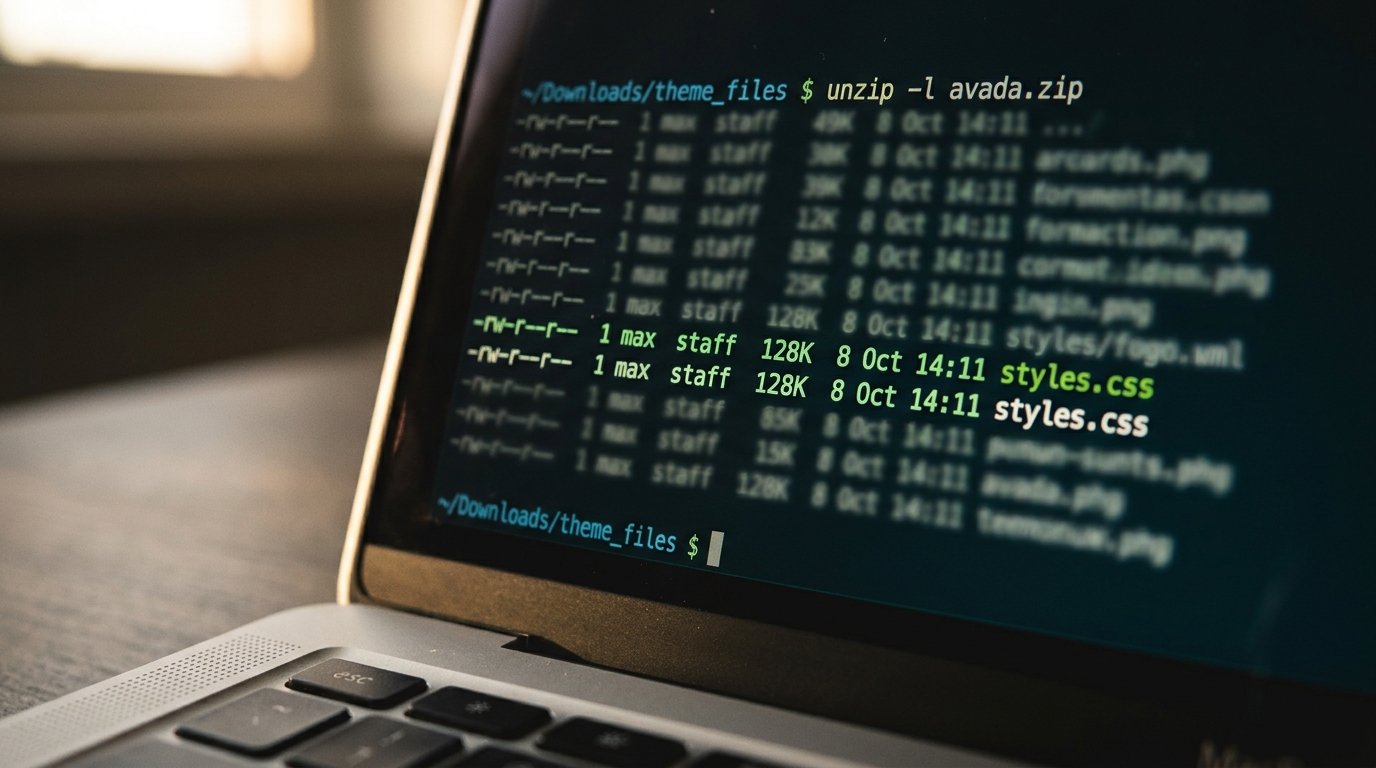 Terminal screen showing the extraction of a WordPress theme zip file with style.css highlighted