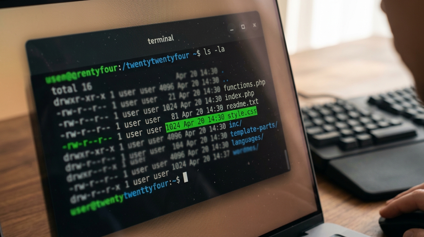 Terminal inspecting WordPress theme directory structure and style.css file headers