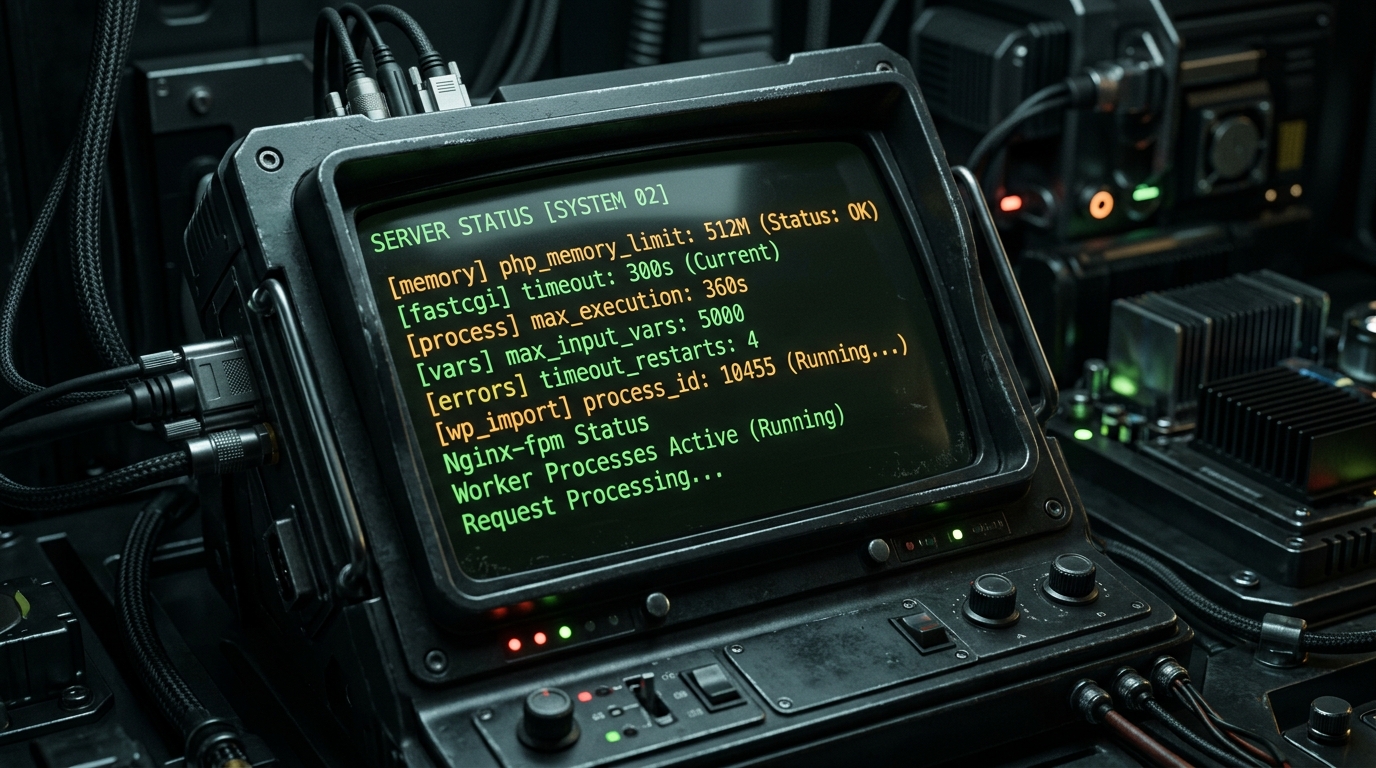 Server terminal displaying PHP configuration parameters and memory allocations for WordPress