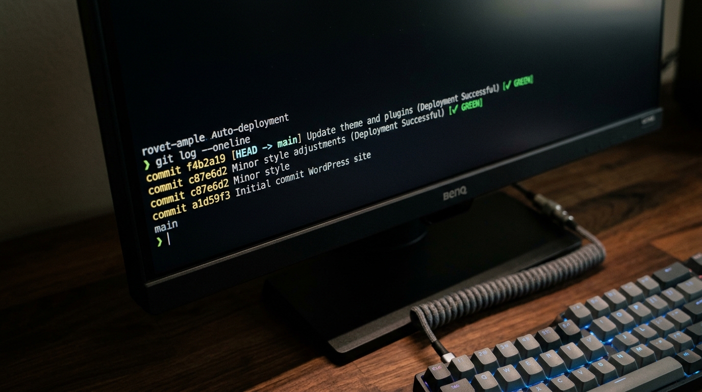 Terminal screen showing Git commit logs and deployment status for a WordPress theme