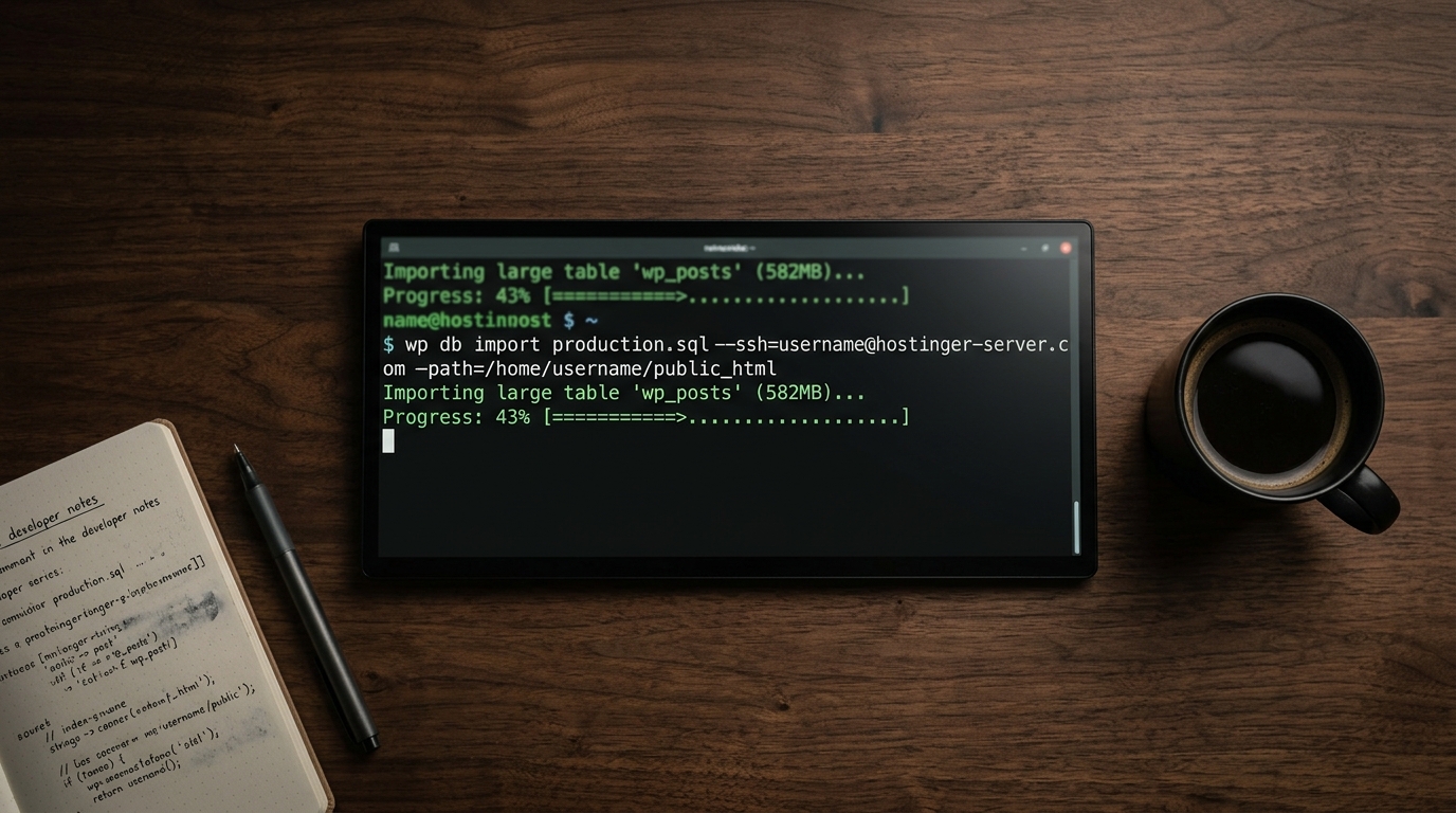 Close-up of a terminal window running an SSH database import script on a server