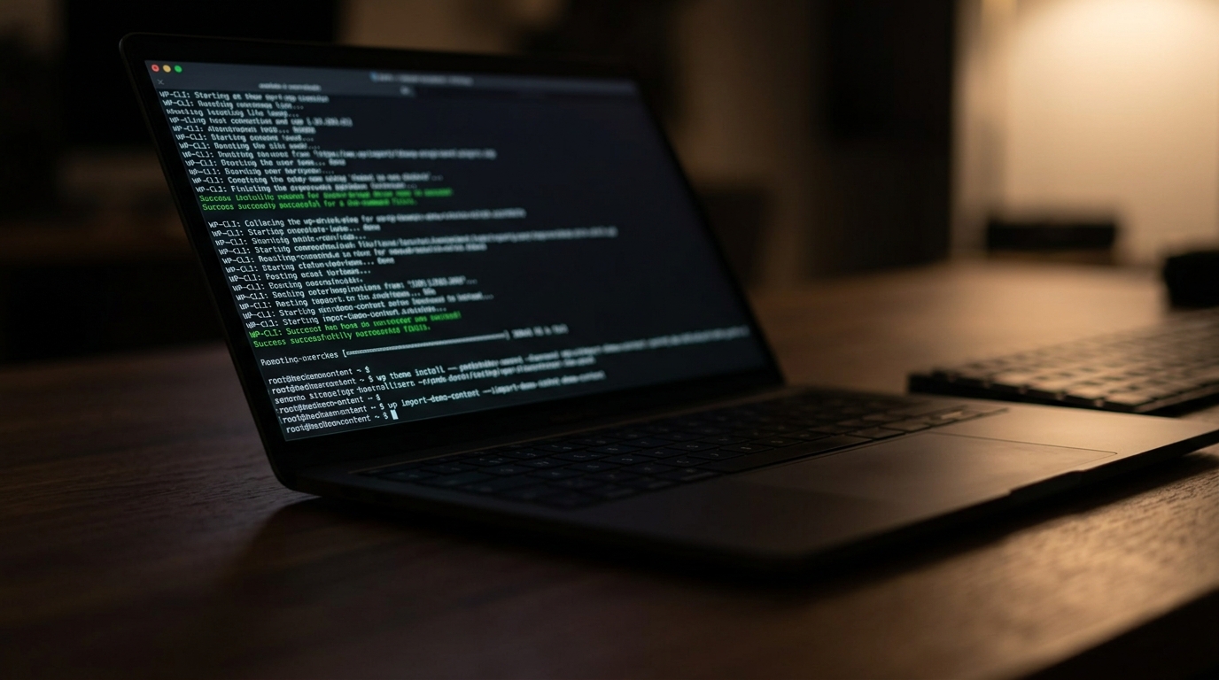 Terminal screen showing WP-CLI theme install and demo content import commands