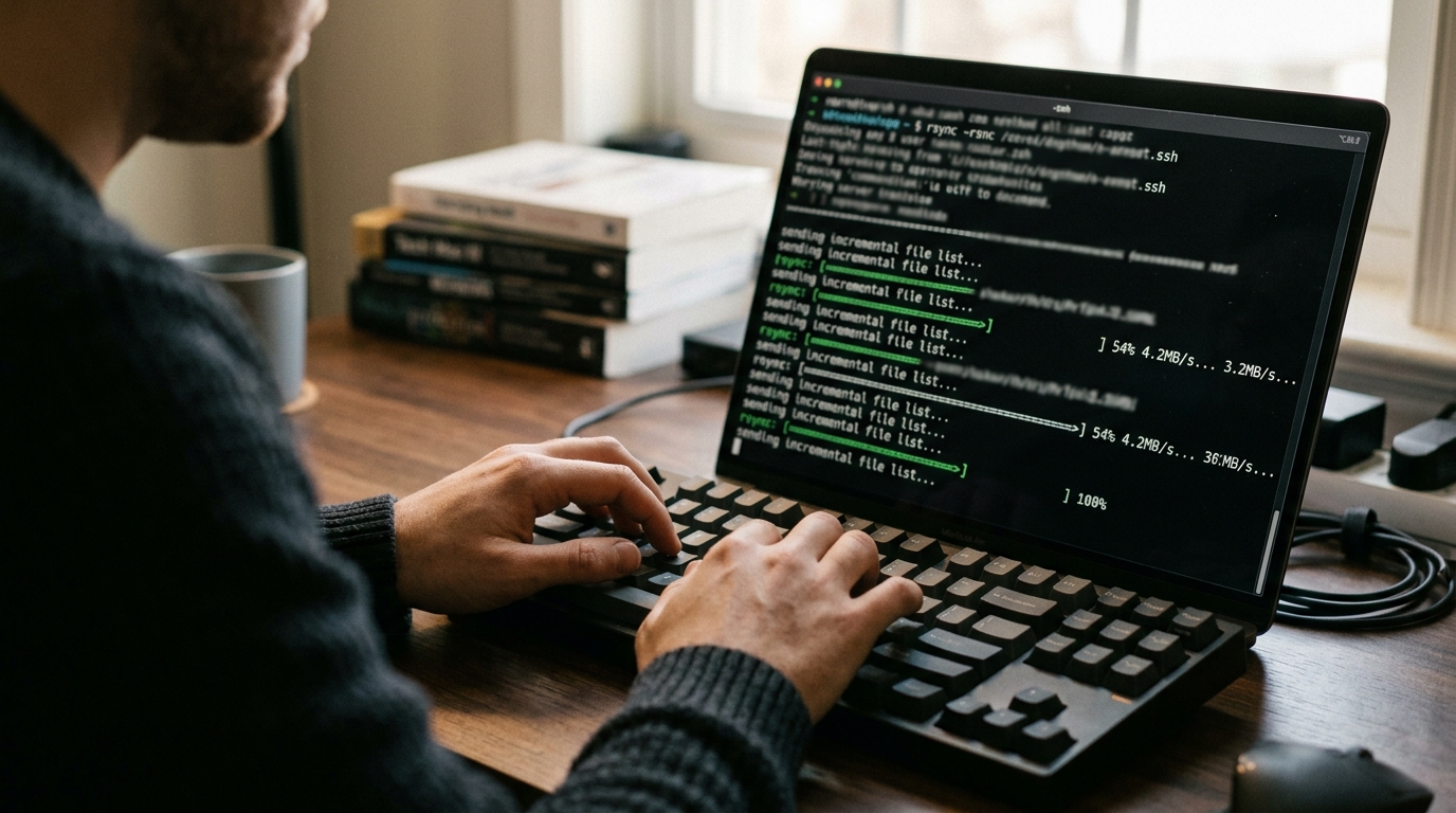 Terminal screen showing command line file migration to a server