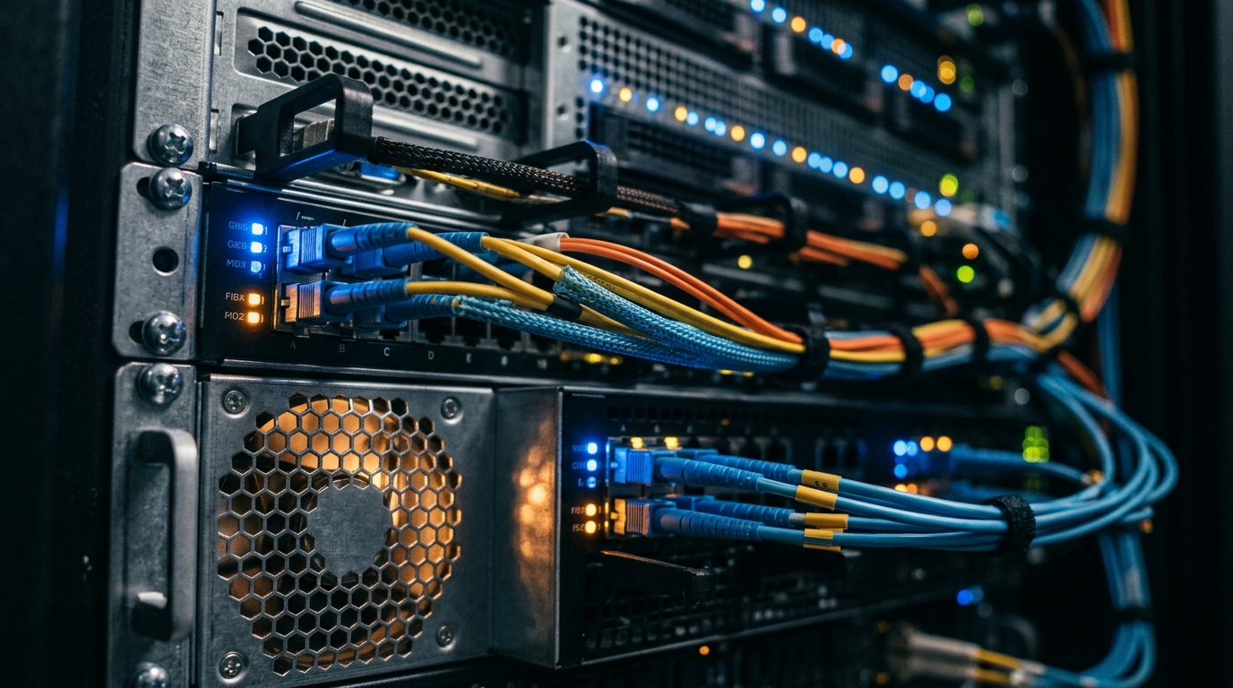 Close-up of server rack hardware glowing under blue status LEDs representing Nginx web server caching infrastructure