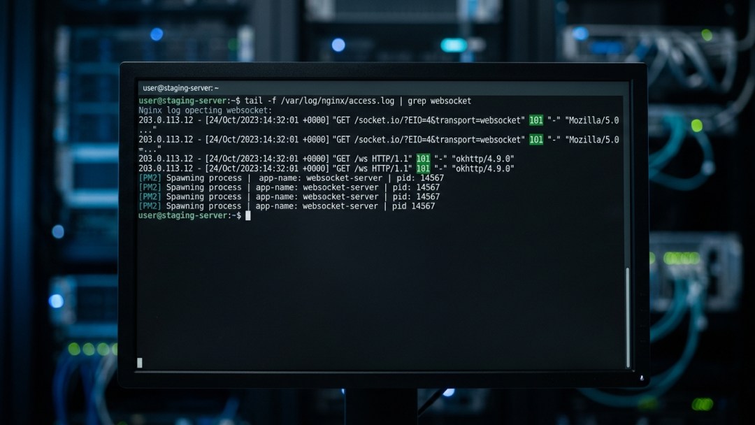 Nginx terminal output showing HTTP 101 Switching Protocols for Node.js WebSocket connection