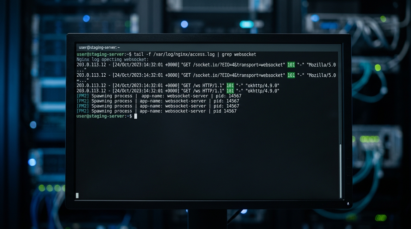 Nginx terminal output showing HTTP 101 Switching Protocols for Node.js WebSocket connection