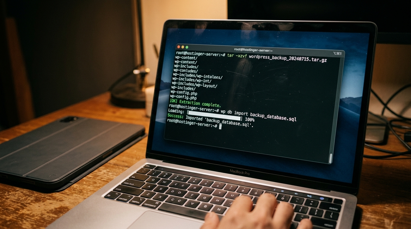Terminal window showing WordPress backup restoration commands over SSH on Hostinger