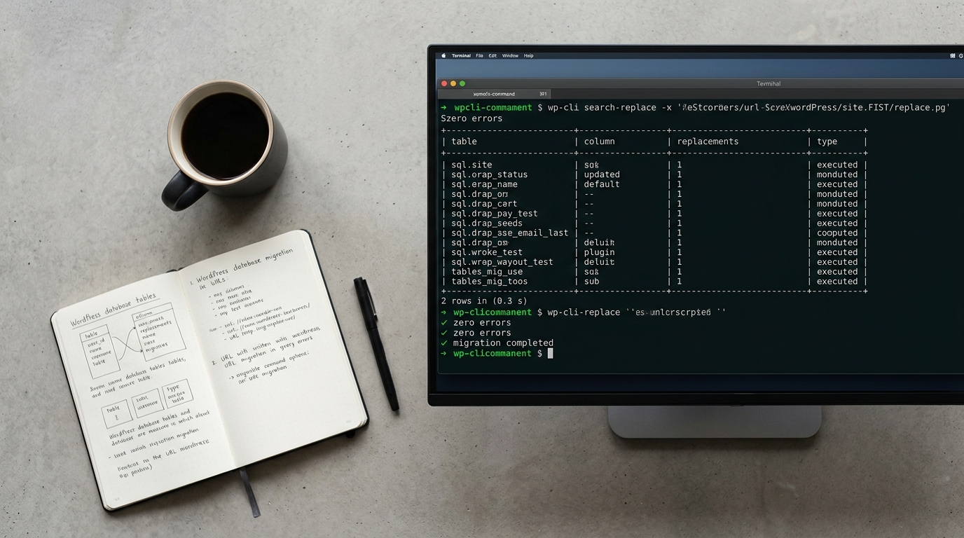 Close-up of a terminal screen showing WP-CLI search-replace command output and database tables