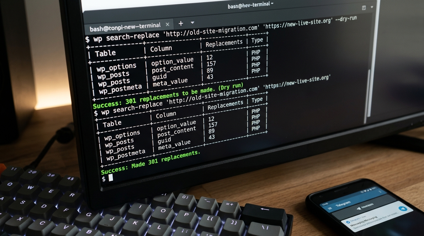 WP-CLI search-replace output on a terminal screen showing serialized database row updates
