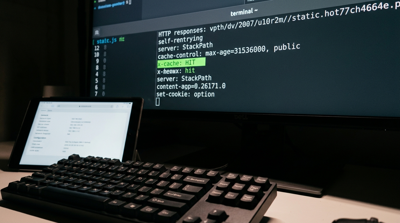 Terminal screen showing HTTP header output with CDN cache hit status after stripping Set-Cookie headers