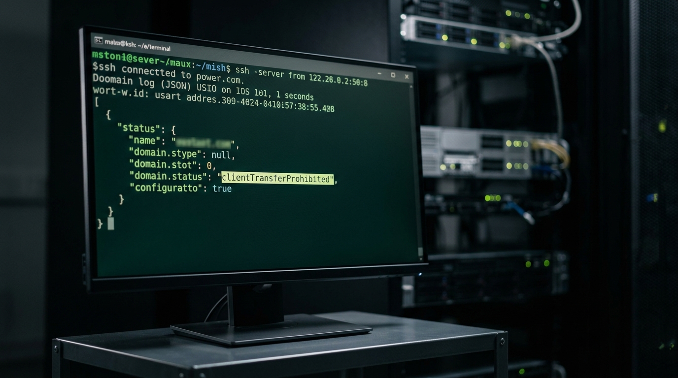 Terminal screen showing domain WHOIS status and registry lock verification for a Namecheap domain