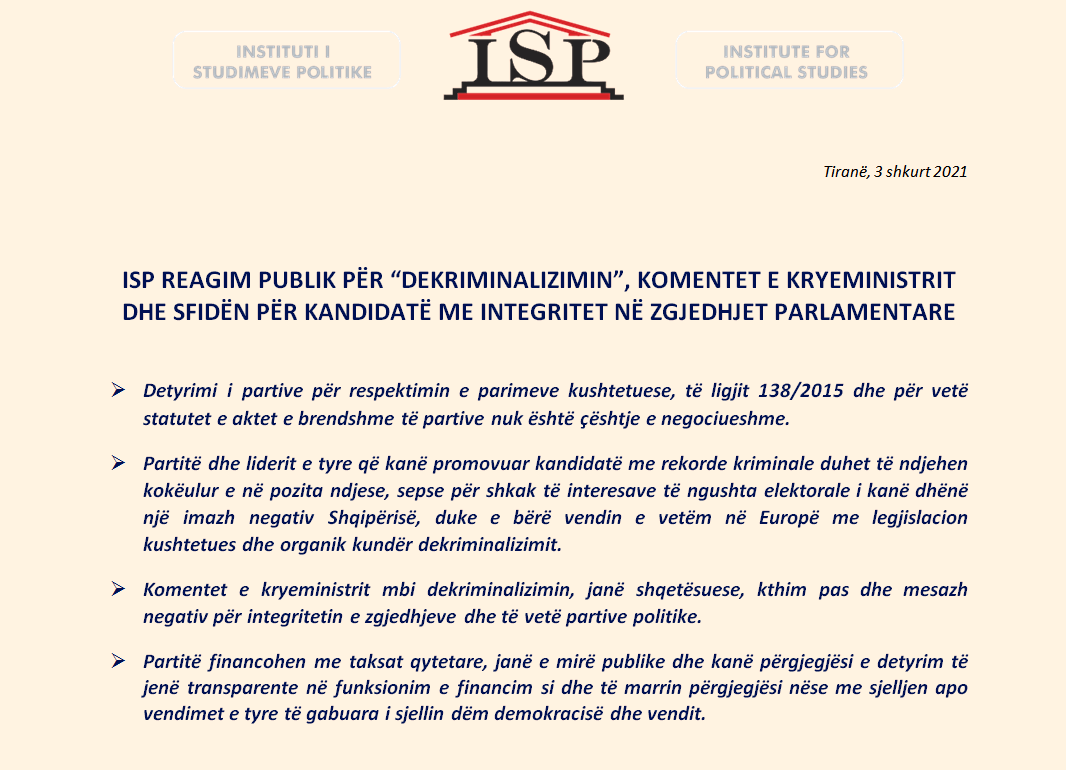 ISP reagim publik për “dekriminalizimin”, komentet e kryeministrit dhe sfidën për kandidatë me integritet në zgjedhjet parlamentare