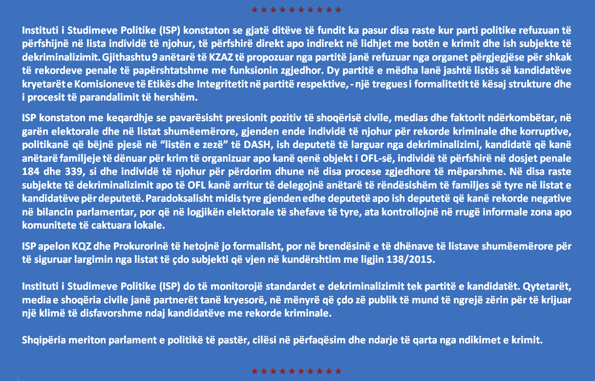 ISP: Listat e kandidatëve, progres dhe problematika lidhur me dekriminalizimin & integritetin
