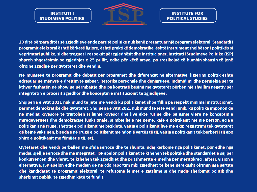 ISP apel partive e medias: Të “shpëtojmë” 25 prillin, koha për programe elektorale, debate, transparencë dhe informim