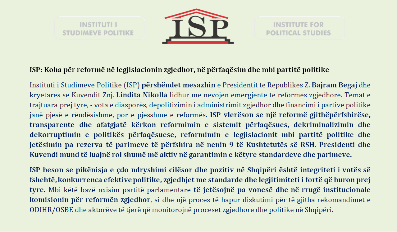 ISP: Koha për reformë në legjislacionin zgjedhor, në përfaqësim dhe mbi partitë politike