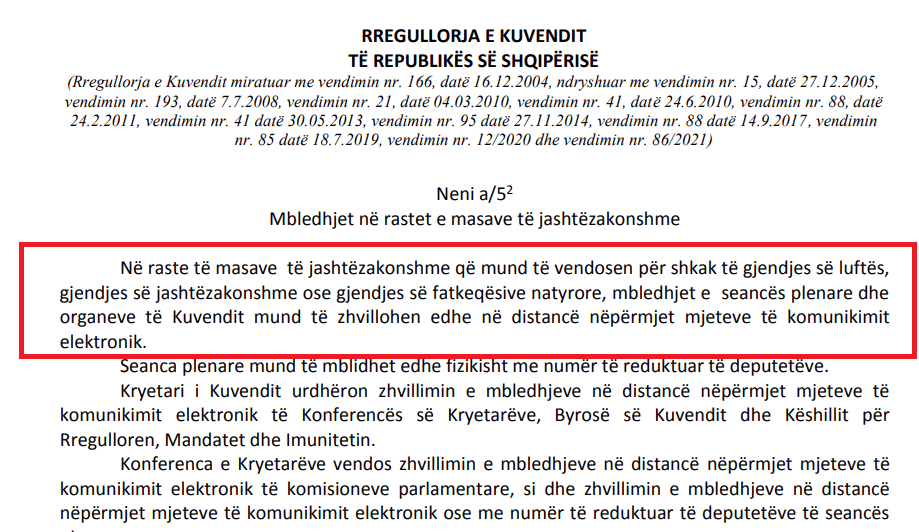 Mbledhjet online të parlamentit dhe norma në Rregulloren e Kuvendit