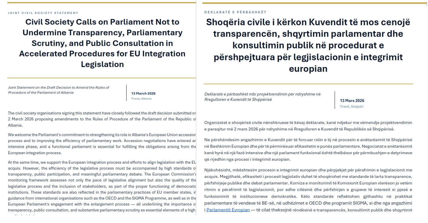 ISP dhe 30 organizata, sugjerimeve mbi ndryshimet në Rregulloren e Kuvendit