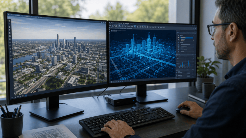 Person at a desk using dual monitors; left screen shows an aerial cityscape, right screen displays a blue 3D data/network visualization.