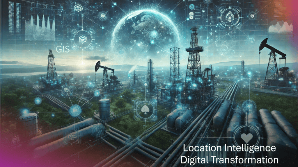 Oil and gas field with pipelines and rigs, overlaid by digital GIS icons and a glowing Earth symbol.