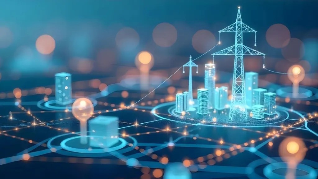 Digital illustration of a futuristic energy grid with transmission towers and glowing city silhouettes connected by network lines.